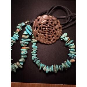 Vintage Carved Artizan Made Pendant Turquoise Stones Necklace